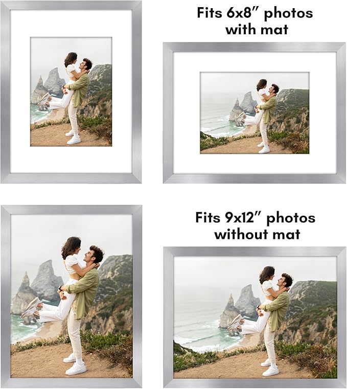 Americanflat 9x12 Picture Frame with Polished Plexiglass - Set of 5 - Use as 6x8 Frame with Mat or Display 9x12 Photo Without Mat - Galleria Collection - Picture Frames for Wall Display - Silver