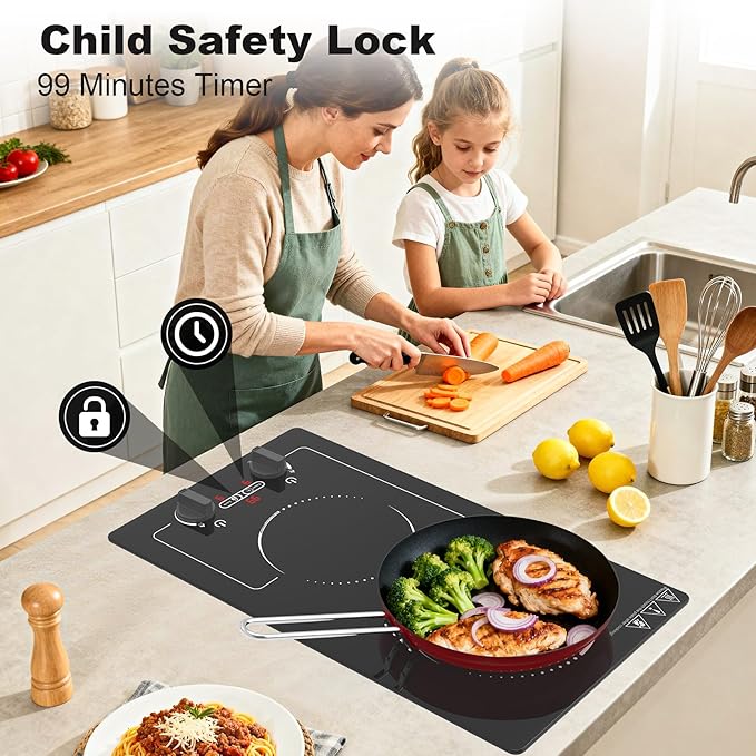 Double Induction Cooktop, 110V 2300W hot plate with LED Touch Screen, 9 Power Levels, Kids Lock & Timer, Overheat Protection, knob and touch control 2 burner Induction cooktop