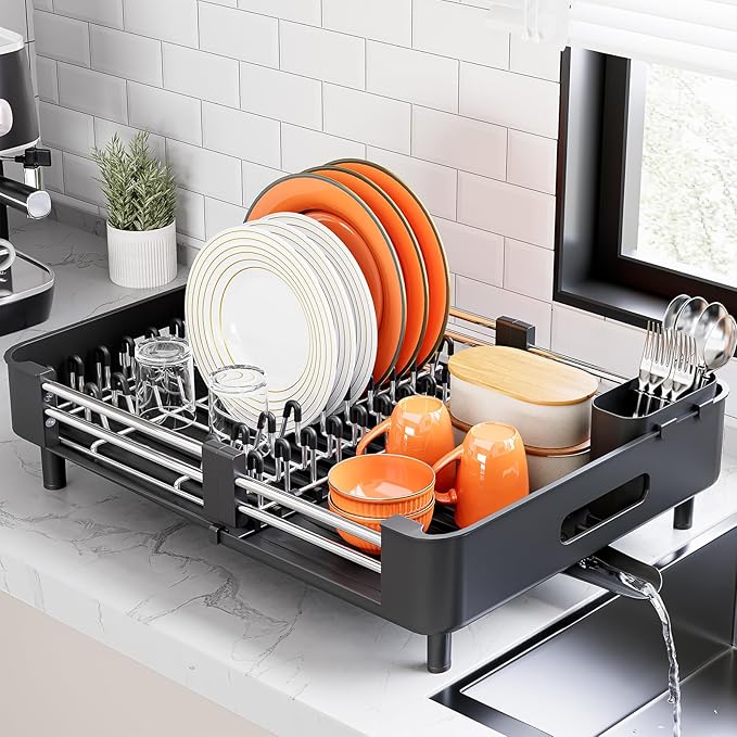 Stainless Steel Dish Drying Rack - Dish Drainer for Kitchen Counter, Extendable Drainboard with Foldable, Space-Saving Cup & Bowl Organizer, Includes Knife and Utensil Holder, Black