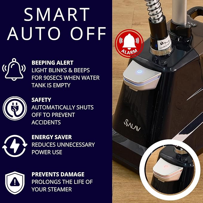 SALAV® Heavy Duty Smart Auto Shut-off Commercial Full-Size Garment Steamer, Beeping Alert when Water Runs out, Foot Pedal Control, XL 3L (101.5 oz) Tank, 1800 watts, 90+min of Continuous Steam, Navy