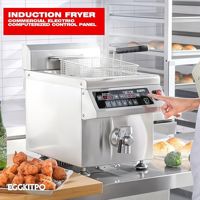 EGGKITPO 12.6 QT Commercial Fryer Induction Fryer with Timer and Drain Electric Deep Fryer with Basket and Lid 12 L Large Countertop fryer for Home Use Kitchen Commercial Business 120V 1800W