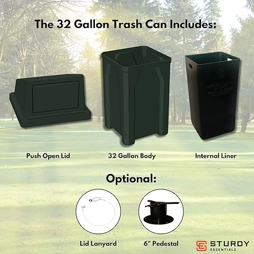 32 Gallon Square 100% Recycled Plastic Heavy Duty Indoor or Outdoor Commercial Trash Can with Push Lid | Great for Schools and Businesses - Black