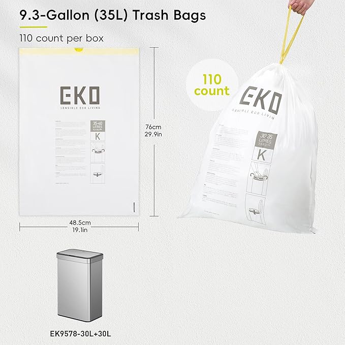 EKO 9.3 Gallon / 30–35 Liter Drawstring Trash Bags, 110 Count Heavy-Duty Tall Kitchen Garbage Can Liners, Extra-Strong Leak-Resistant, Unscented, White, Code K