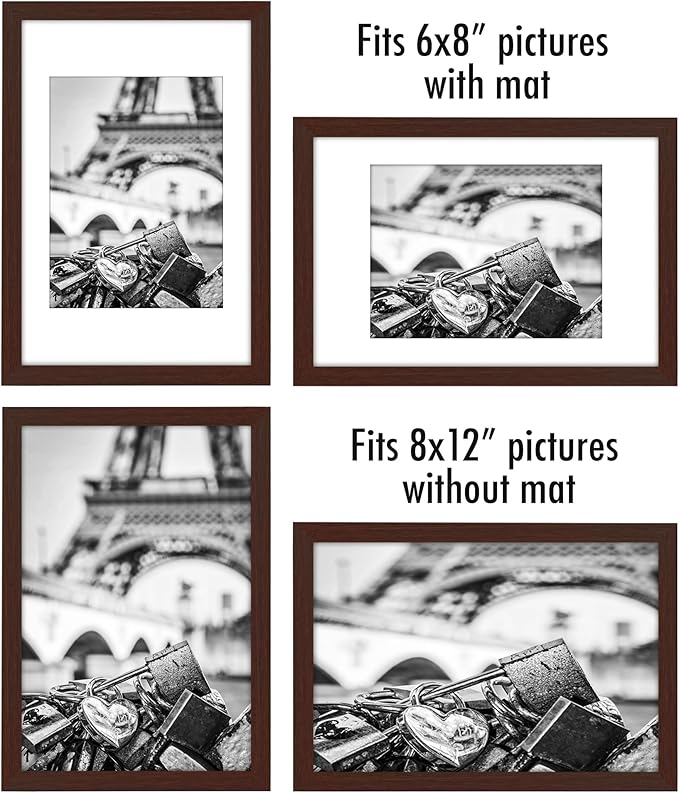 Americanflat 8x12 Picture Frame with Polished Plexiglass - Set of 5 - Use as 6x8 Frame with Mat or Display 8x12 Photo Without Mat - Galleria Collection - Picture Frames for Wall Display - Mahogany