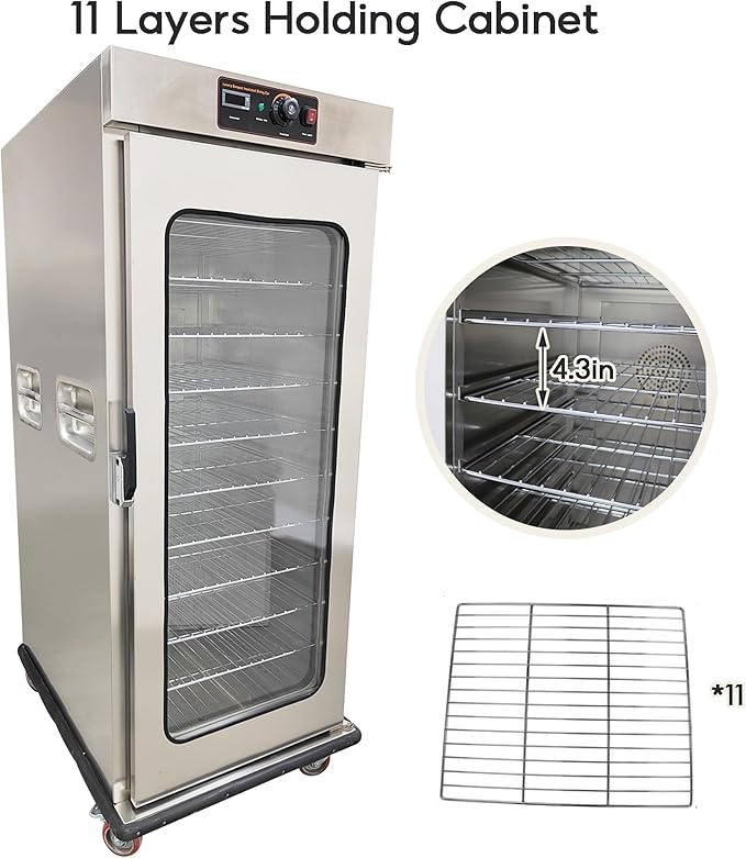 TECHTONGDA Commercial Heated Holding & Proofing Cabinet Mobile Food Warmer with Glass Door 11 Layers Stainless Steel Catering Case 86-185℉ 220V