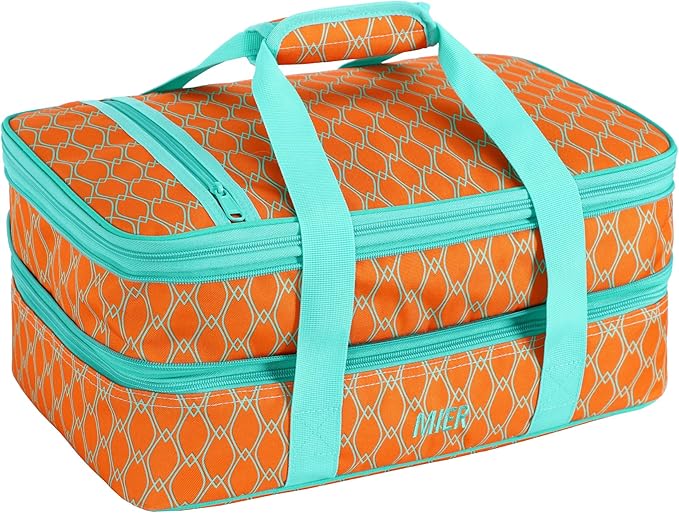 MIER Insulated Double Casserole Carrier Thermal Lunch Tote for Potluck Parties, Picnic, Beach, Fits 9 x 13 Inches Casserole Dish, Expandable by Mid Zipper, Orange