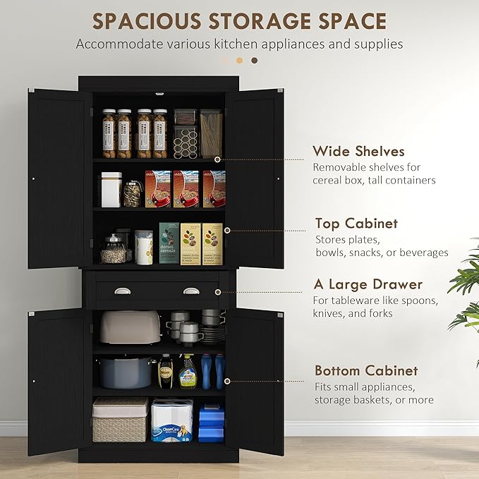 HOMCOM 72.5" Kitchen Pantry Cabinet, Traditional Freestanding Storage Cabinet with 4 Doors, Drawer and 3 Adjustable Shelves for Dining Room, Black Wood Grain
