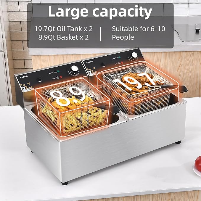 Commercial Deep Fryer with Basket, 3400w 19.7Qt Oil Tank/ 8.9Qt Basket x 2, 0.6mm Thickened Stainless Steel Countertop Electric Fryer for Home Use, Oil Fryer with Double Overheat Protection