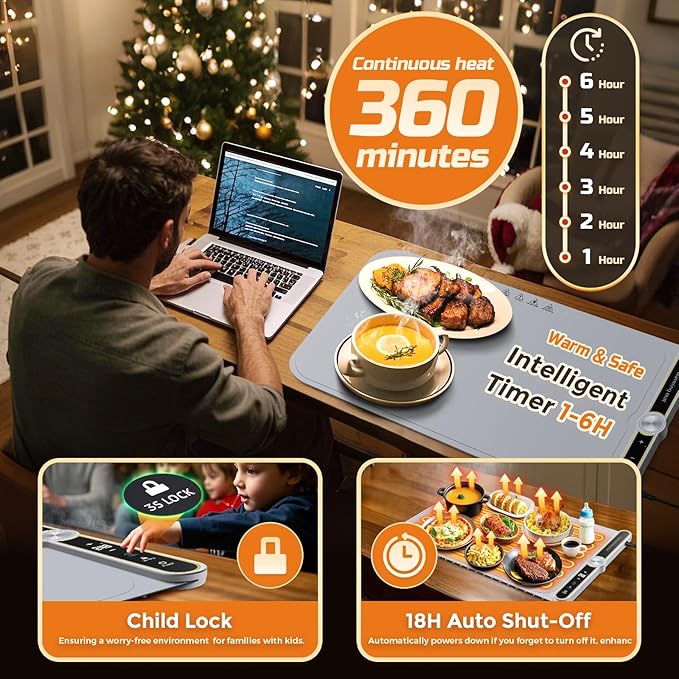 Warming Mat for Food - Extra Large 32"x15" Electric Warming Tray Warm 8 Dishes, 9-Temperature Adjustable, 1-6H Timer, Child Lock, 8s Fast Heating, Foldable Food-Grade Silicone Design