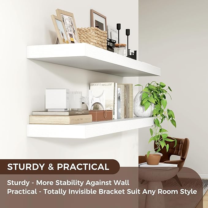 Floating Shelves for Wall 48"W x 9"D x 1.5"H, Long Engineered Wood Wall Shelves with Invisible Brackets for Living Room Bedroom Bathroom Office Kitchen Decor and Storage, White Finish, Set of 2