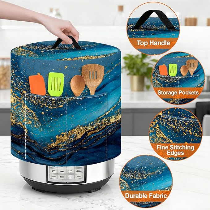 Kitchen Appliance Accessories Dust Cover for 3-6-8 Quart Instant Pot, Pressure Cooker, Air Fryer & Crock Pot,Decorative Appliance Cloth Cover with Top Handle & Storage Pockets (Deep Blue, 3 Quart)