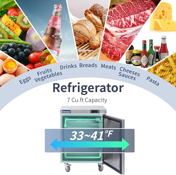 ICECASA 27" W Commercial Refrigerator Worktop Undercounter Refrigerator Single Door Stainless Steel Counter Fan Cooling Refrigerator 7 Cu.ft for Restaurant, Bar, Shop, etc