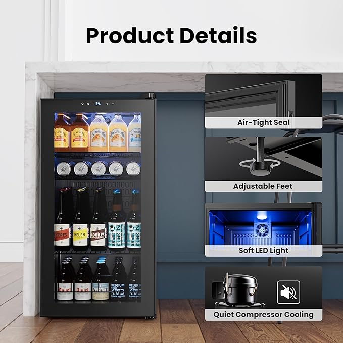 Yeego Beverage Refrigerator Cooler, 105 Cans Mini Fridge with Glass Door Beverage Fridge with Adjustable Shelves for Soda Beer or Wine, Beverage Cooler with Digital Temperature Control for Home Office