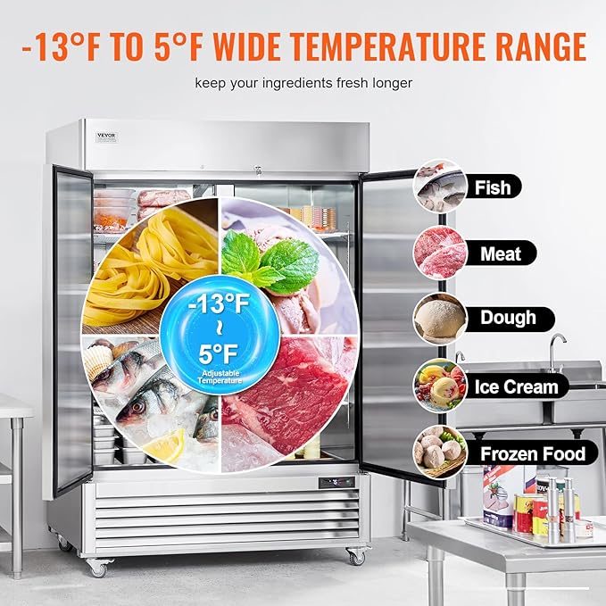 VEVOR Commercial Freezer 44.21 Cu.ft, Reach In 54.4" W Upright Freezer 2 Doors, Auto-Defrost Stainless Steel Reach-in Freezer with 8 Adjustable Shelves, -13 to 5℉ Temp Control, LED Lighting, 4 Wheels