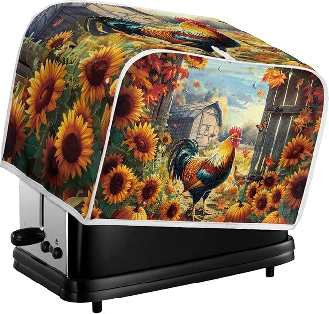 UNICEU Sunflower Rooster Print Toaster Dust Cover Protector Compatible with 2 Slice Heat-Resistant Dust Protection Anti-scratch Home Kitchen Decor