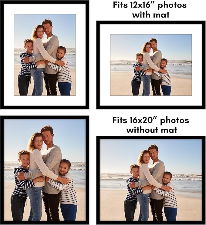 Americanflat 16x20 Picture Frame with Polished Plexiglass - Set of 5 - Use as 12x16 Frame with Mat or Display 16x20 Photo Without Mat - Galleria Collection - Picture Frames for Wall Display - Black