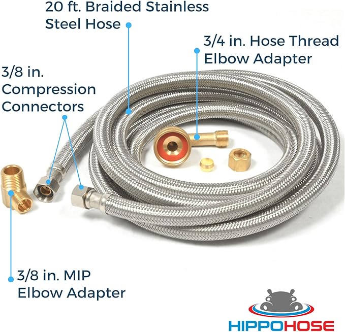 Hippohose 20 FT Stainless Steel Dishwasher Water Hose Kit - Universal Fit, Braided SS, 3/8'' Connections, 5-Year Warranty