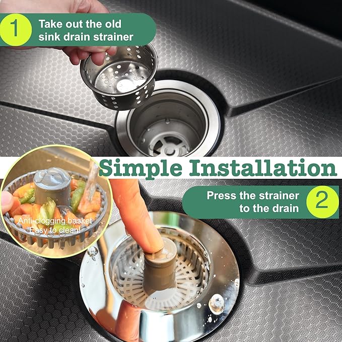 Kitchen Sink Drain Strainer, Sink Strainer, 3 in 1 Kitchen Sink Stopper, Sink Drain Stopper with an Extra Anti-Clog Sink Strainer Basket for Standard 3-1/2" Drain, Brass Material Electroplated Chrome