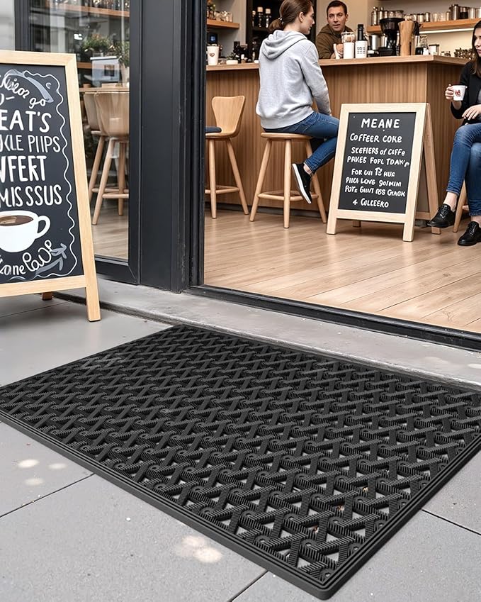 DEXI Front Door Mat Outside Entrance Rubber 24x36, Welcome Floor Doormat Heavy Duty Non Slip, Dirt Trapper Waterproof Exterior Entry Mats All Weather for Patio Entryway Drainage, Black