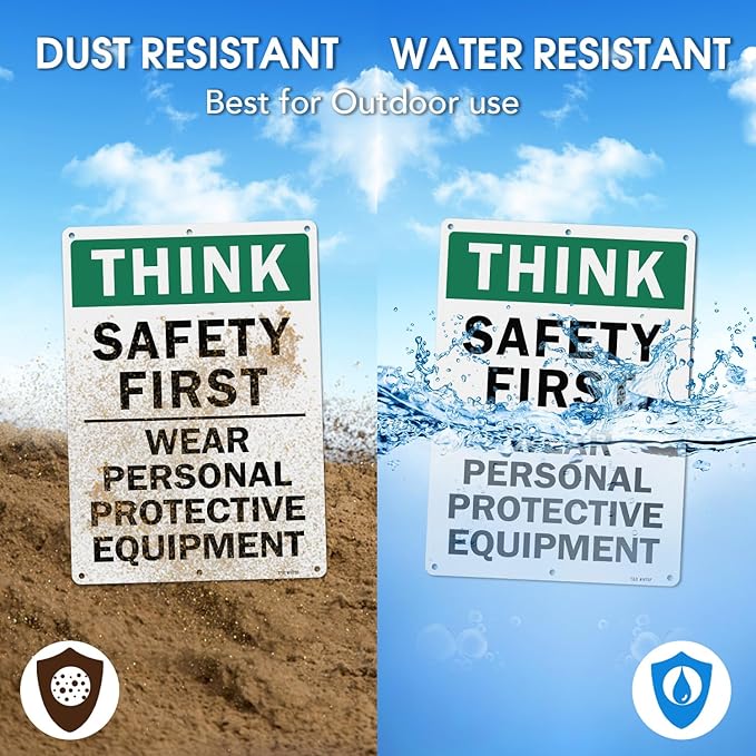 T&R Large Think Safety First Sign Wear Personal Protective Equipment - 14 x 10 Inches Rust Free .040 Aluminum Reflective - UV Protected, Waterproof and Fade Resistant - 6 Pre-drilled Holes