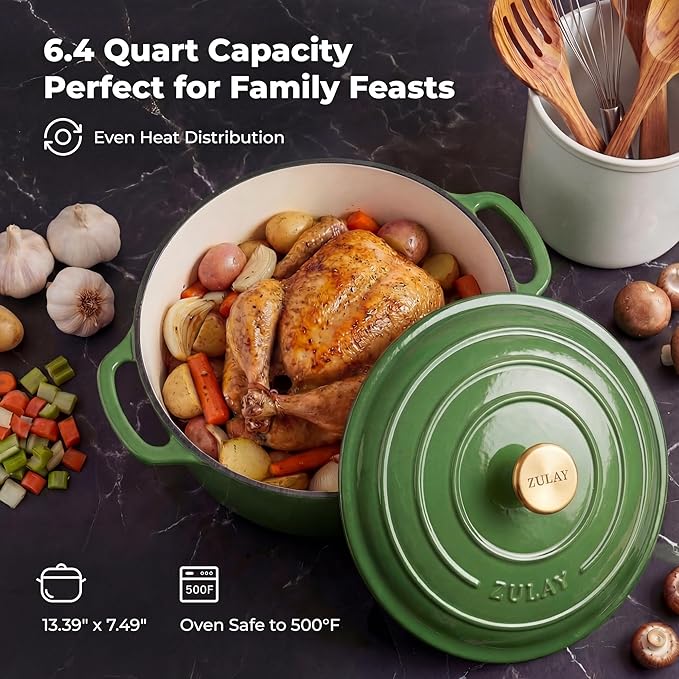 Zulay Kitchen 6 Quart Enameled Cast Iron Dutch Oven Pot with Lid – Premium Durability & Oven Safe up to 500°F – Heavy Duty Cookware Perfect for Bread Baking, Stews, Braising & Roasting – Green