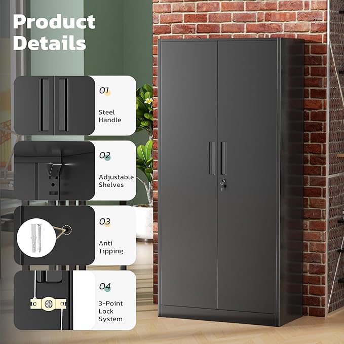 Greenvelly 72" H Metal Storage Cabinet, 32" W x 16" D Black Metal Cabinet with 2 Doors and 4 Adjustable Shelves, Locking Cabinets for Office, Home, Garage, School