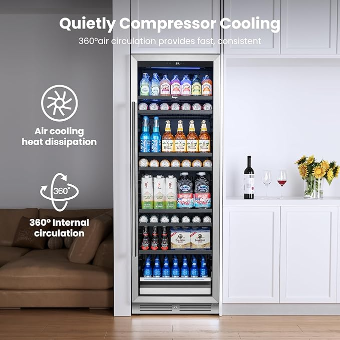 Beverage Refrigerator 24 inch -378 Cans Capacity Beverage Cooler, Upgraded Beverage Refrigerator Freestanding or Built-In, Drink Cooler for Soda, Water, Beer or Wine - For Kitchen, Bar or Office