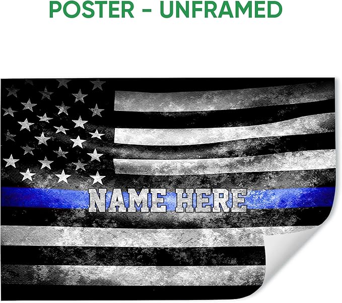 Personalized Police Poster & Framed Canvas, American Flag With Blue Line Home Office Decor, Custom Name Bedroom Living Room Aesthetic Wall Art Gift For Law Enforcement, First Responder
