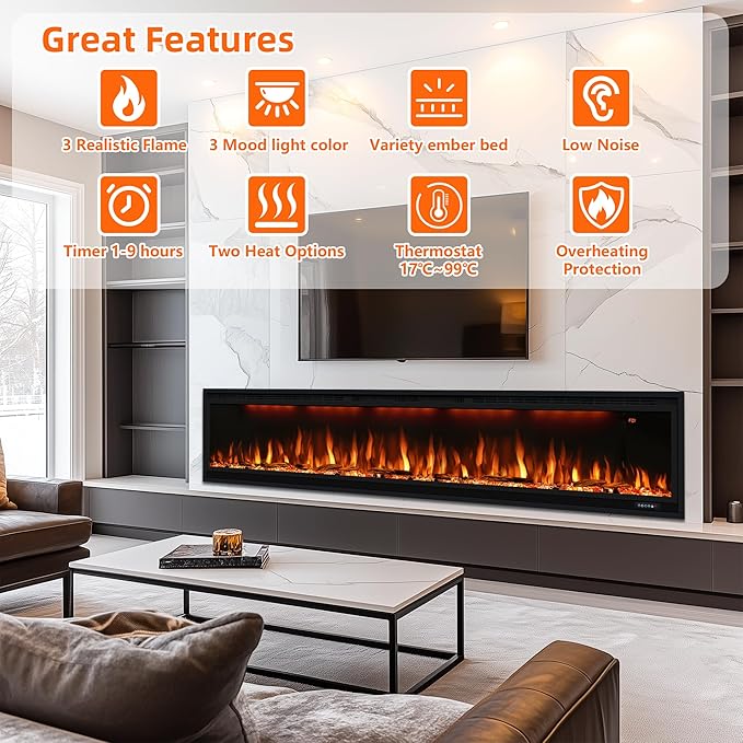 74 inch Electric Fireplace, Smart Fireplace Insert recessed in Wall and Wall Mounted fire Place Heater with Metal Frame, Multicolor Flame & Realistic logs，Thermostat& Timer, 1500W, Black