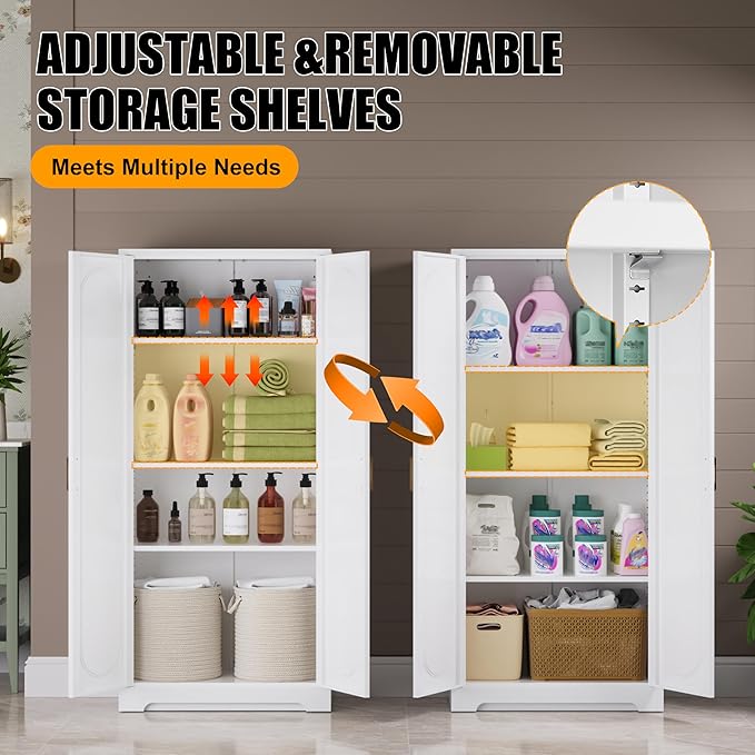 Metal Storage Cabinet with 3 Adjustable Shelves, 60" Tall Kitchen Storage Cabinet with Gold Handles, White Pantry Cabinets for Kitchen, Living Room, Hallway - Assembly Required