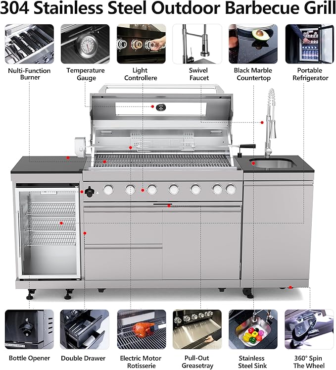 Outdoor Kitchen Island, 82 Inch 6 Burner Gas Grill Combination With Refrigerator and Sink, Outdoor Stainless Steel Barbecue Bar, Propane Grill, 85000 BTUs (82"-Silver, Propane)