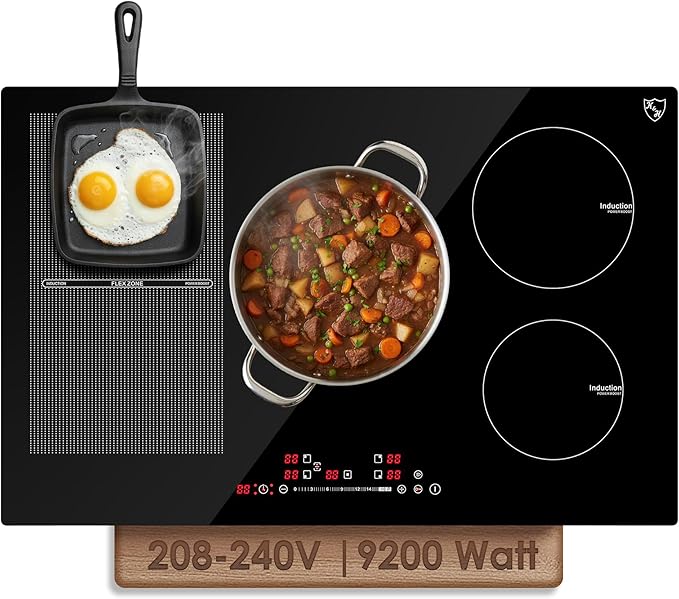 K&H 5 Burner Induction Cooktop - 31.5 Inch Built-In Electric Cermic Stove Top - 17 Heating Levels, 240V, 9200W High-Power Built-in Electric Stove Top - Child Lock, Timer & Touch Control - IN30-9200FLX