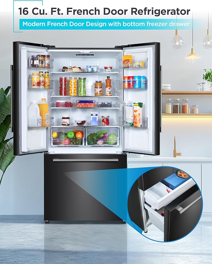 BLACK+DECKER 16 Cu. Ft. French Door Refrigerator with Built-in Ice Maker, Full Size Refrigerator with Bottom Mount Freezer Drawer, Frost Free, ENERGY STAR certified, BRF1600GIMB, Black