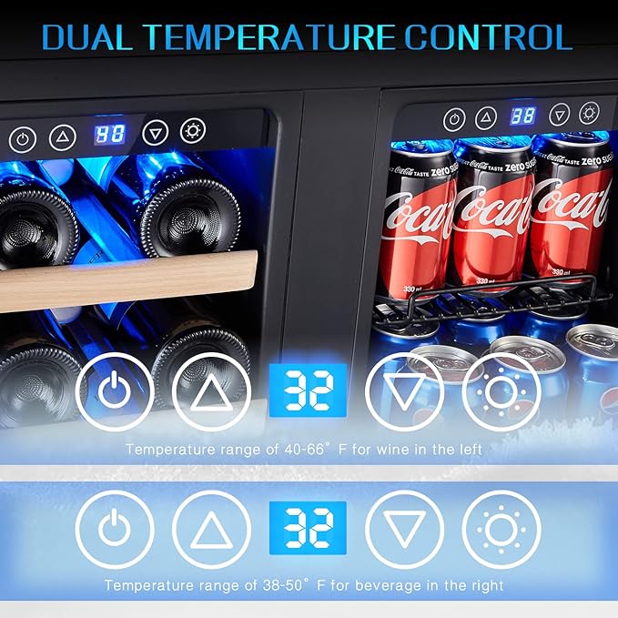 24 Inch Wine and Beverage Fridge, Wine Refrigerator Dual Zone Hold 20 Bottles and 78 Cans,Built-In or Freestanding Digital Touch Control