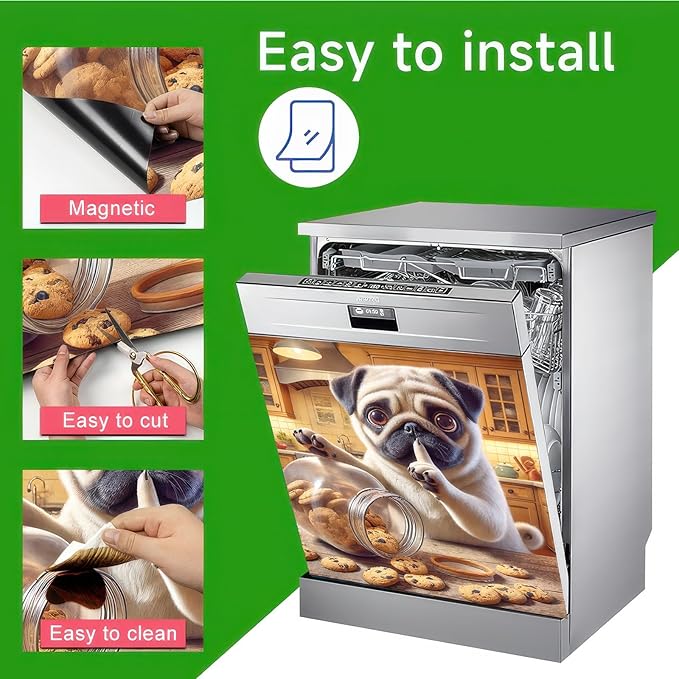 Dog Dishwasher Magnet Cover 23x26 Inch Funny Pug Dishwasher Magnet Cover Sticker Magnetic Refrigerator Panel Front Door Wash Machine Fridge Microwave Decal Home Kitchen Decorative