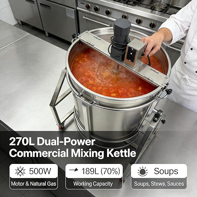 270L Commercial Mixing Kettle Electric Stirrer & Natural Gas Heating for Soup/Sauce/Stew/Porridge/Hot Pot Base Automatic Food Mixer 500W SUS304 Stainless Steel Adjustable Stirring 110V