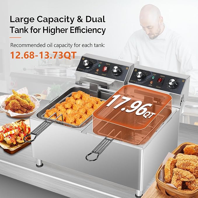 ROVSUN 36QT Electric Deep Fryer 240V, 6600W Dual Tank Commercial Deep Fryer w/ 60-Min Timer Overheat Protection Adjustable Feet, Temp Control & Baskets, Stainless Steel Countertop Fryer for Restaurant