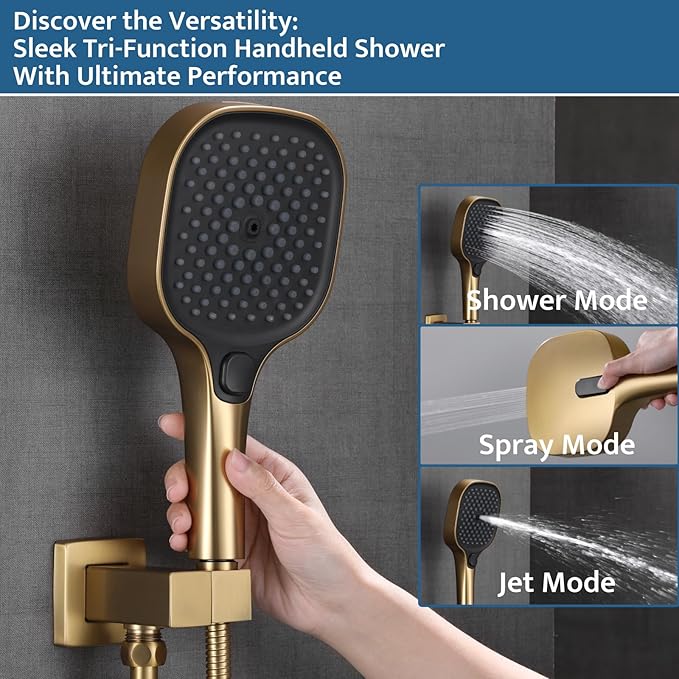 Shower System Brushed Gold, Push Button Diverter Shower Faucet with 3 in 1 Handheld, Ceiling Mount 12 Inch Shower Head with 6 Inch Wall Mount Shower Head