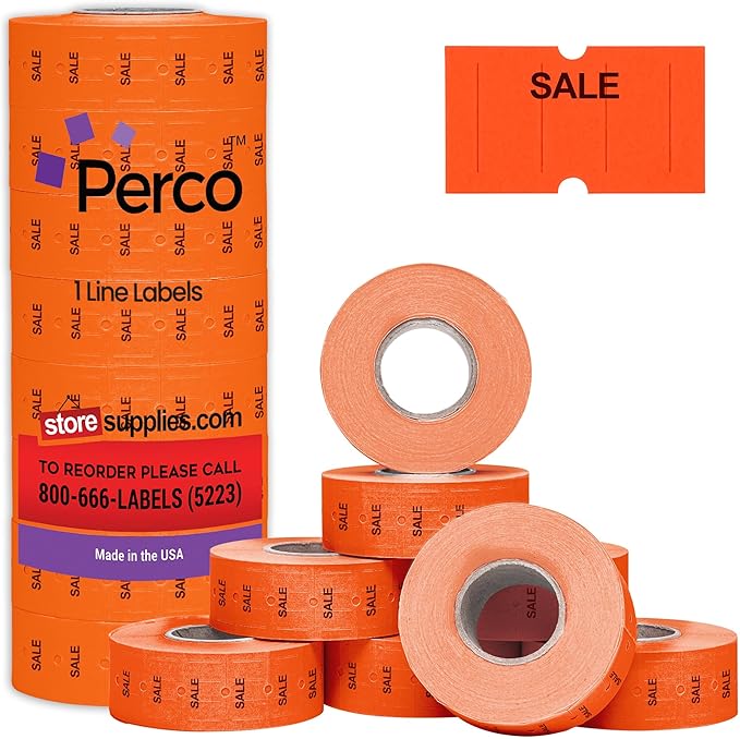 Perco 1 Line Fluorescent Red Sale Labels - 8 Rolls, 1 Sleeve, 8,000 Blank Price and Date Gun Labels for Perco 1 Line Price and Date Guns - Made in USA