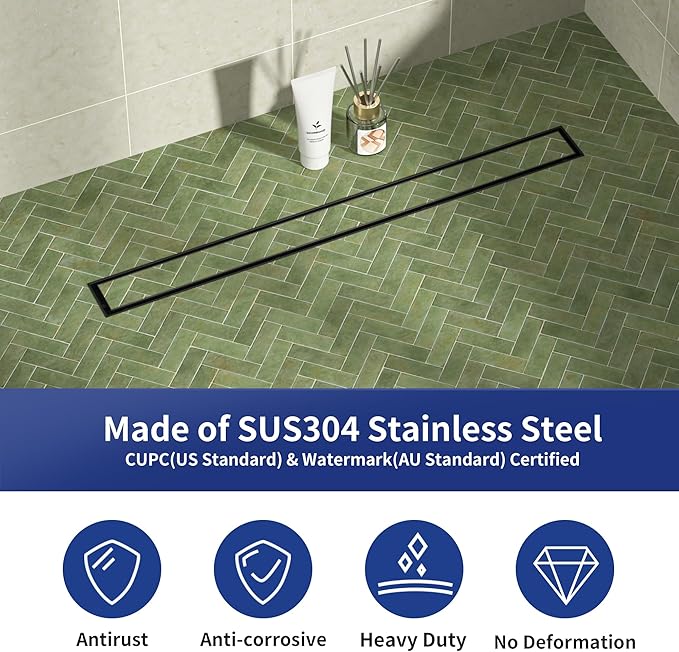Linear Shower Drain 30", Matte Black Floor Drain with Tiled Insert Grate & Hair Strainer, 304 Stainless Steel Bathroom 2-in-1 Tiled in Drain, CUPC Certified (Matte Black, 30'')