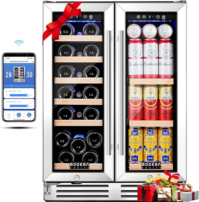 BODEGA 24 Inch Beverage and Wine Refrigerator, Dual Zone Wine Cooler Under Counter, with Independent Temperature Control and Upgraded Compressor, Holds 57 Cans and 19 Bottles