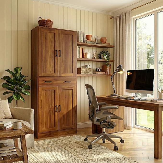 71" Tall Kitchen Pantry Cabinet, Freestanding Storage Cabinet with Drawer and 4 Doors, Large Brown Utility Floor Cupboard with Adjustable Shelves for Dining Room, Bathroom, Home Office
