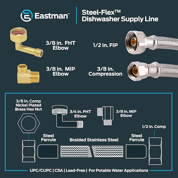 Eastman Dishwasher Installation Kit, 6 Foot Supply Line, 3/8 Inch Compression x 1/2 Inch FIP, 3/8 Inch MIP Elbow, Braided Stainless Steel Dishwasher Connectors, 41032