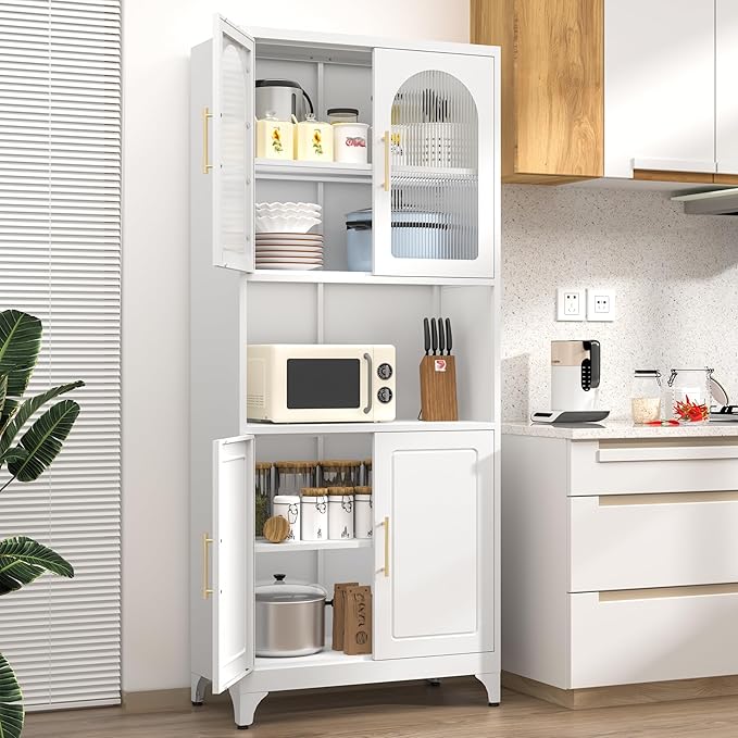 75" Metal Kitchen Pantry Storage Cabinet,Kitchen Hutch Food Pantry Cabinet with Microwave Stand,Freestanding Larder Cupboard with Doors and Adjustable Shelves for Living Room