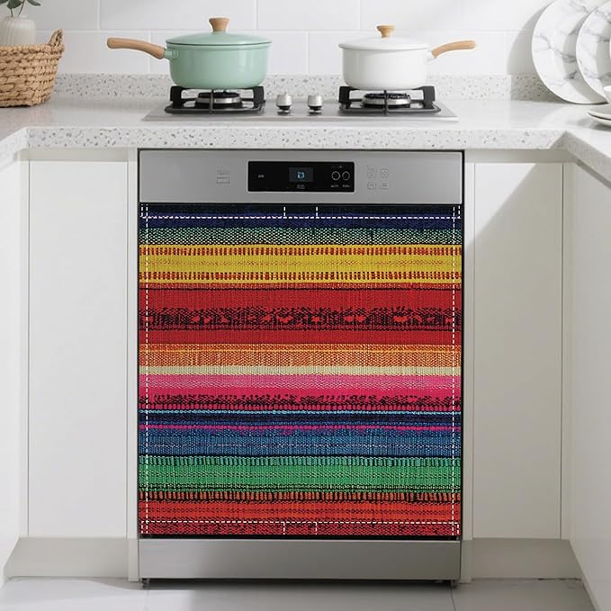 Magnetic Dishwasher Cover,Mexican Reusable Dishwasher Magnetic Cover Ethnic Stripes Rainbow Decorative Door Covers Panel for Home Kitcen 23" x 26"