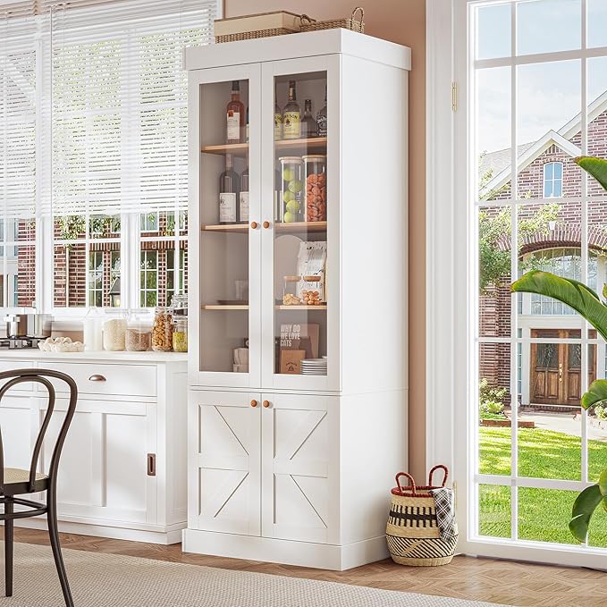 Vyre 71" Tall Farmhouse Kitchen Pantry, Large Storage Cabinets with Glass Doors, Adjustable Shelves, Wood Versatile Hutch Cabinet for Living Room, Dining Room