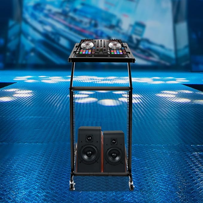 DJ Mixer Stand, 2-Layer Audio Device Rack with 4 Wheels, Audio Studio Mixer Stand for Homes Offices Stage Concert Studio Equipment Rolling Stage Cart (16U)