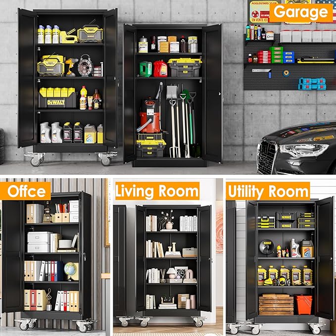 61''H Metal Garage Storage Cabinet with Wheels,Steel File Cabinets with 2 Doors and 3 Adjustable Shelves for Home Office, Warehouse, Required Assembly,Black