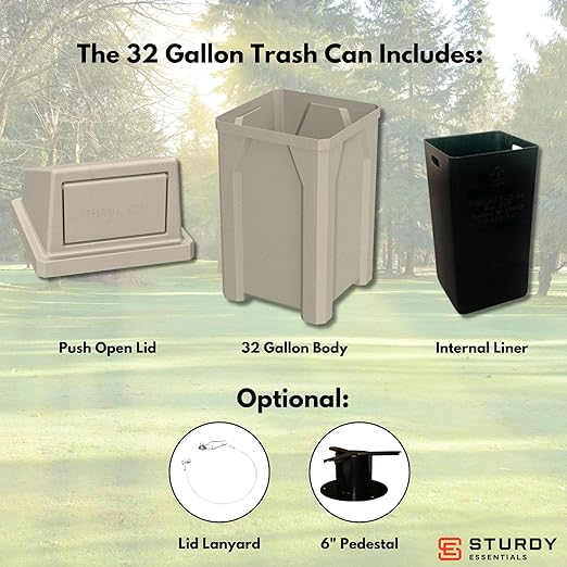 32 Gallon Square 100% Recycled Plastic Heavy Duty Indoor or Commercial Outdoor Trash Can with Push Lid | Great for Schools and Businesses - Beige Granite