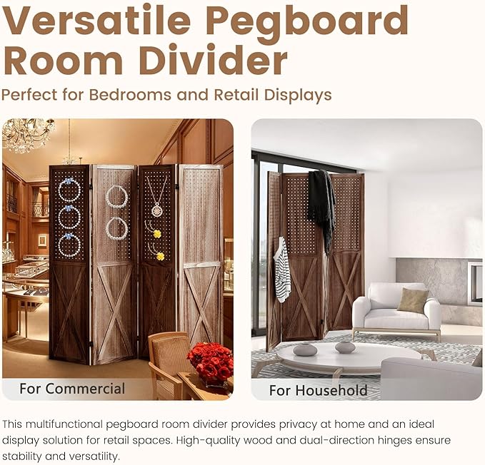 4 Panel Pegboard Wood Room Divider, 5.6Ft Pegboard Display Folding Privacy Screens, Peg Board Display Freestanding for Trade Show Craft Show Home Wall Organizer, Retro Brown
